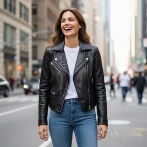 Michael Kors Genuine Leather Black Moto Jacket Biker S/P Small Petite Zipper